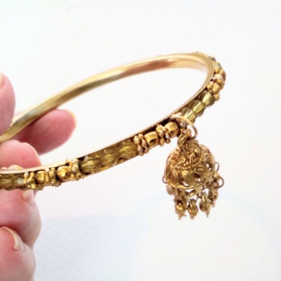 Set of Rhinestone Beaded Eastern Inspired Bangle Bracelets with Dangles - Picture 2 of 6